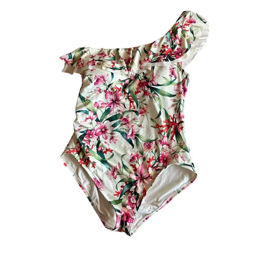 Carmen Marc Valvo | Size 14 One Shoulder Floral Print Ruffle One Piece Swimsuit